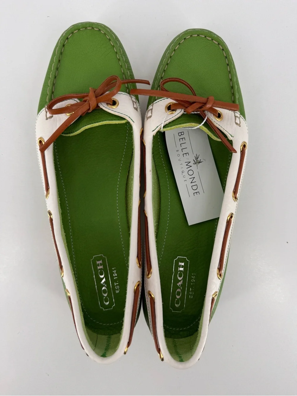 Coach Green and White Leather Boat Loafers with Tan Laces